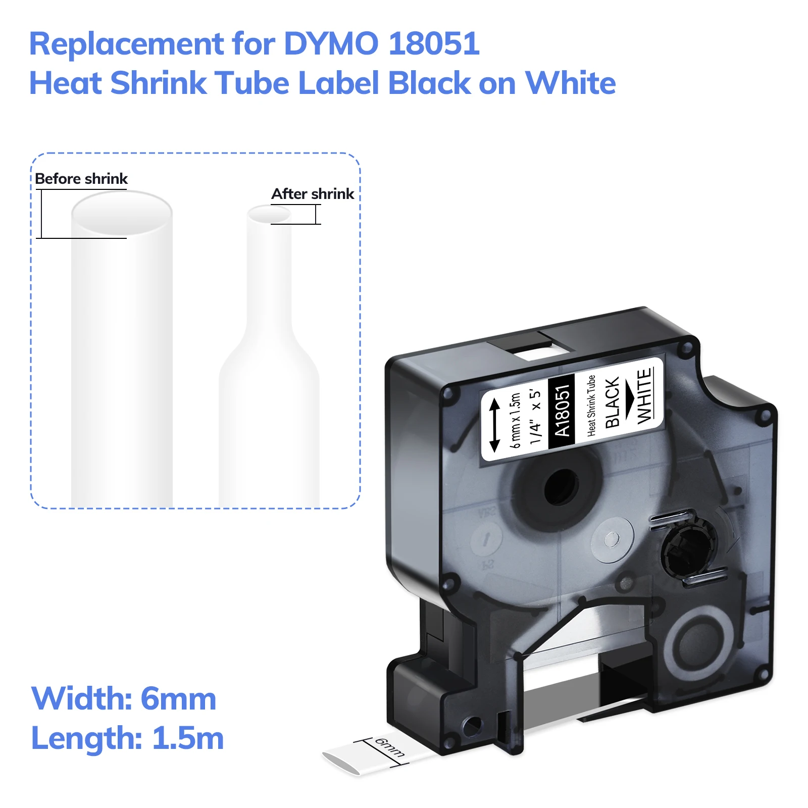 1PK Label Tape Black on White/Yellow  6/9/12/19/24mm for Dymo Rhino IND Industrial Label Tape Heat Shrink Tube 18051 18052 18053