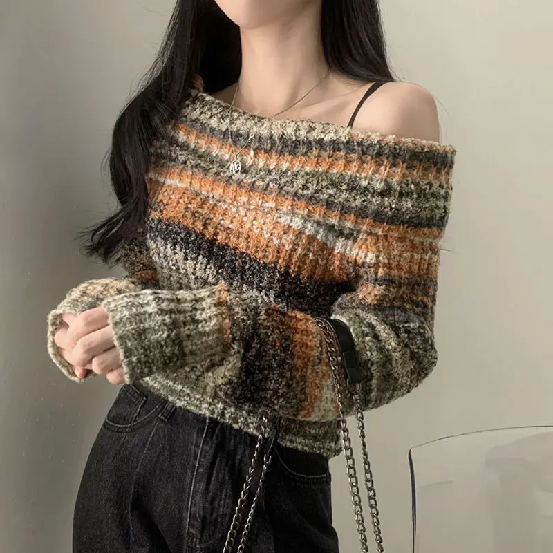 Sweater One-Shoulder Design, Lazy Retro Women'S Autumn And Winter Knitted Sweater Off-Shoulder Short Top