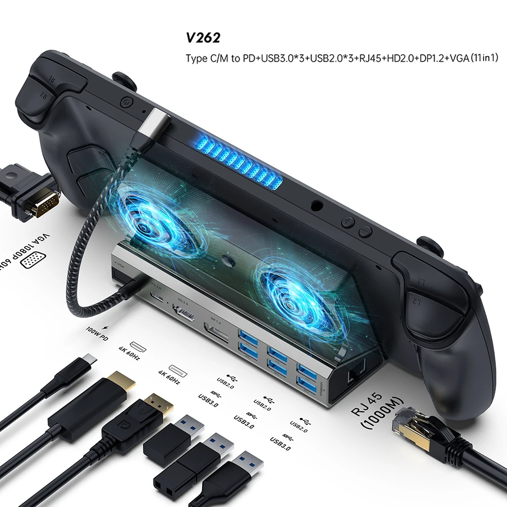 

Docking Station with Fan For Asus ROG Ally HDMI-Compatible 4k@60hz Gigabit Ethernet 1000Mbps USB-C PD3.0 Charging for Steam Deck
