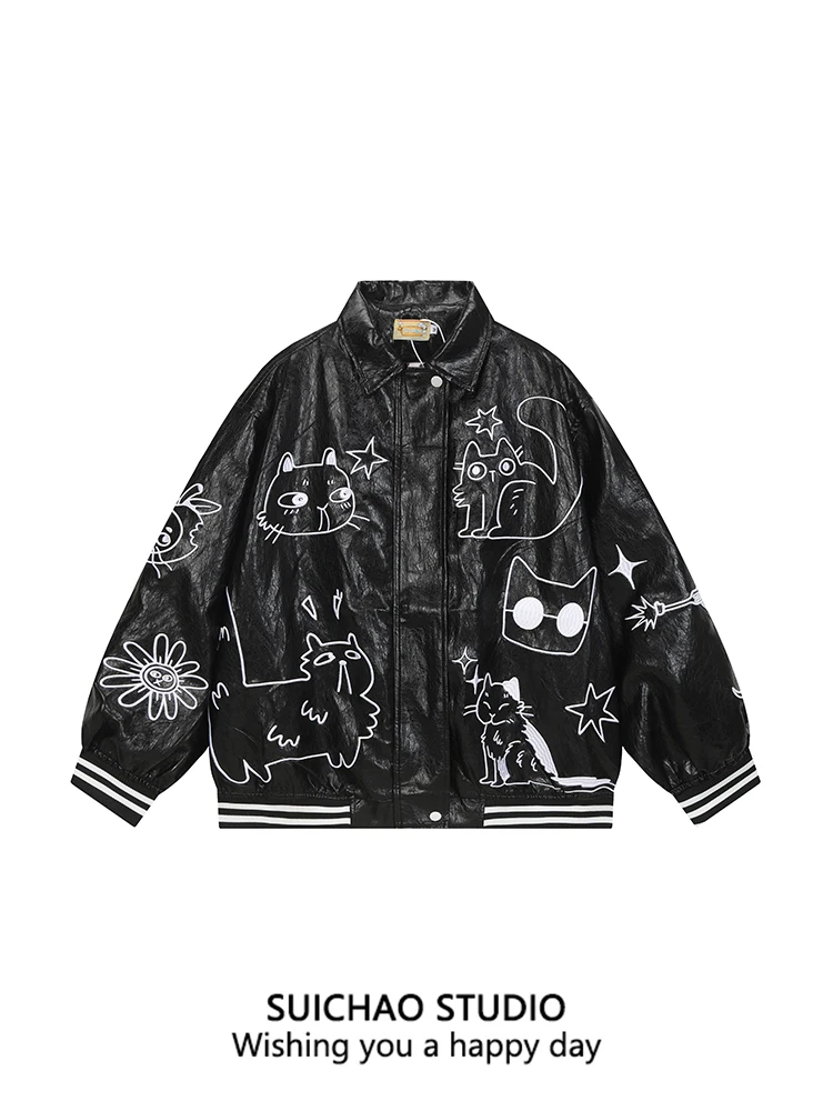 

Suichao американский ретро Sle вышивка из искусственной кожи тюре осень-зима теплая повседневная свободная верхняя одежда для пар модная