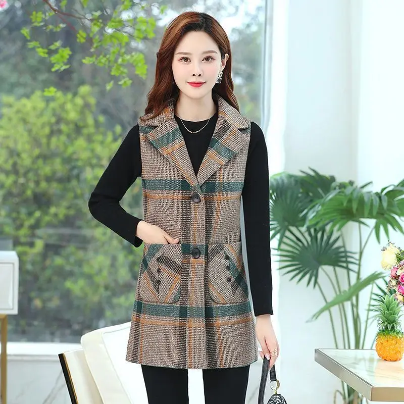 Vintage Printed Button Pockets Plaid Vests Jackets Women Clothing 2024 Autumn Winter New Loose Office Lady Tops All-match Coats