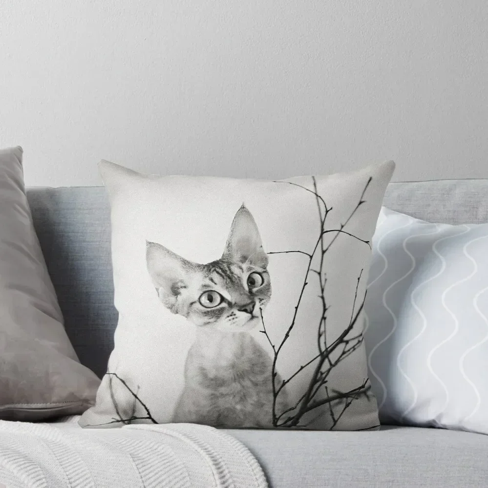 Little curious Devon Rex cat with tree branches Throw Pillow Pillowcases ornamental pillows for living room pillow