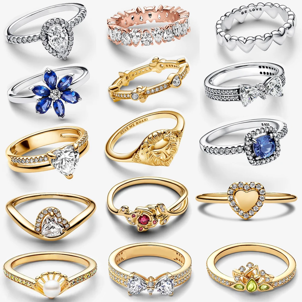 

2026 New 925 Silver Fashion Love Heart Gold Rose Princess Bow Crown Wrong Circle Double Ring Exquisite DIY Charm Jewelry Gift