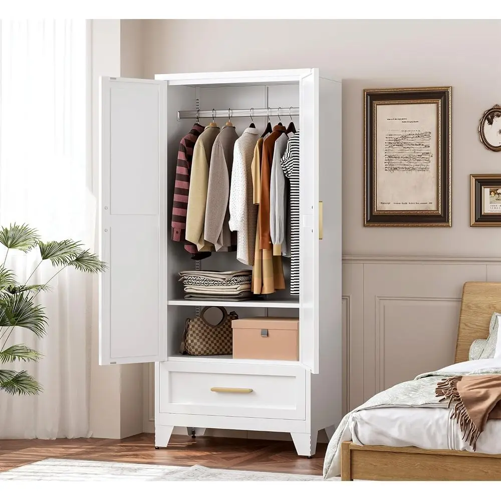 

71 Tall Steel Wardrobe with Hanging Rod, Drawers, and Adjustable Shelves - Freestanding Full-Size Closet for Bedroom, Home Offic