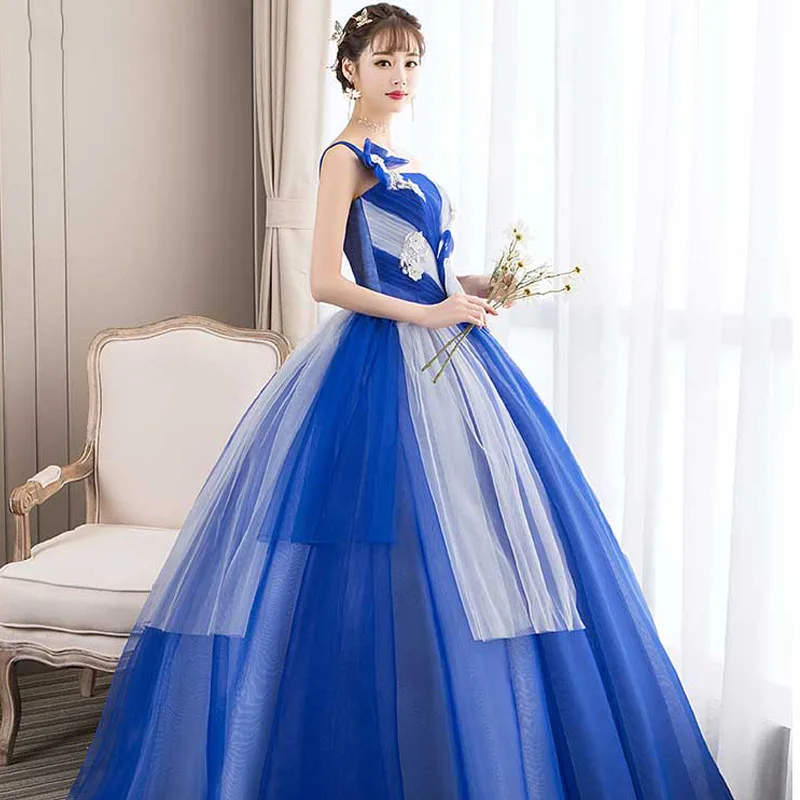 فستان كلاسيكي بدون أكمام Quinceanera ، بكتف واحد ، زهور أنيقة ، ثوب كرة القوس ، أزرق ، لون متباين ، تول ، جديد ، 2023