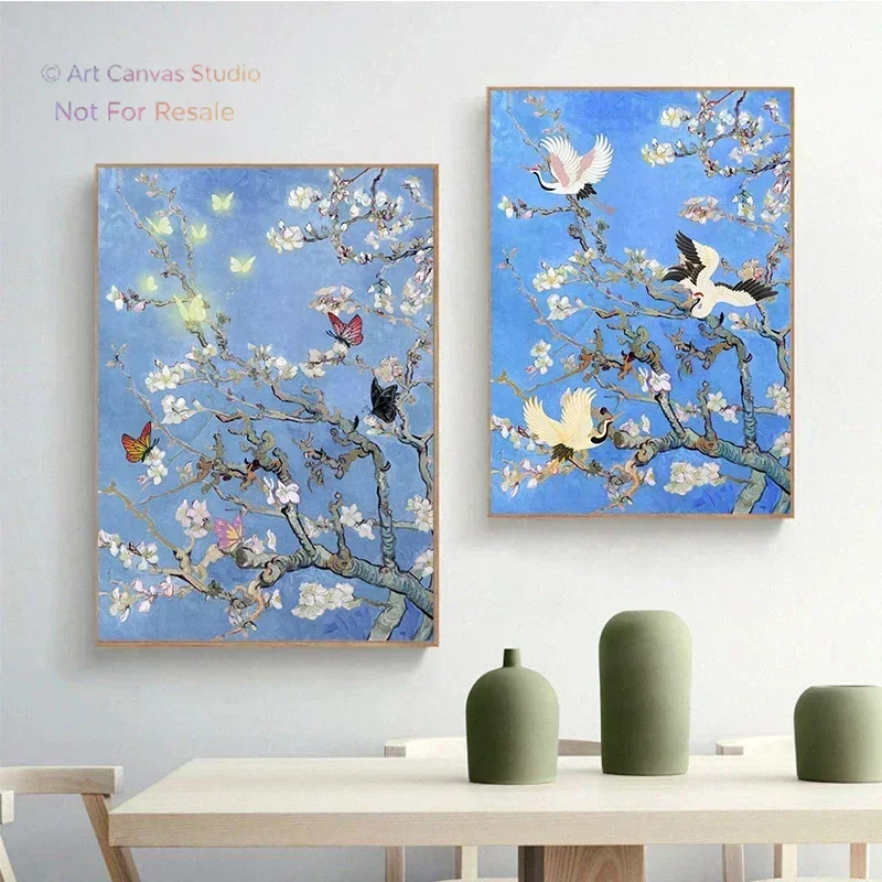 Butterfly Bird on Van Gogh Almond Blossom – Impressionist Flowers Frameless Canvas for Living Room Home Wall Decor