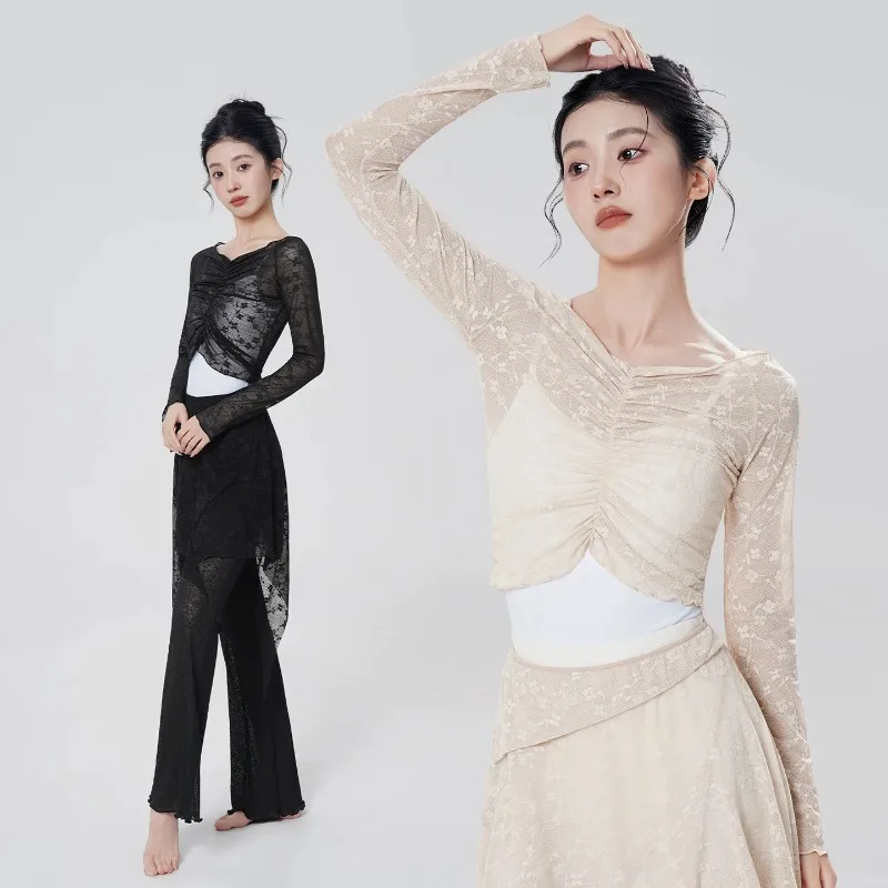 Woman Dance Tops Lace Chest Pleated Tops Long Sleeve Modern Dance Outfit Adult Teen Gymnastic Yoga Training Printed Blouse