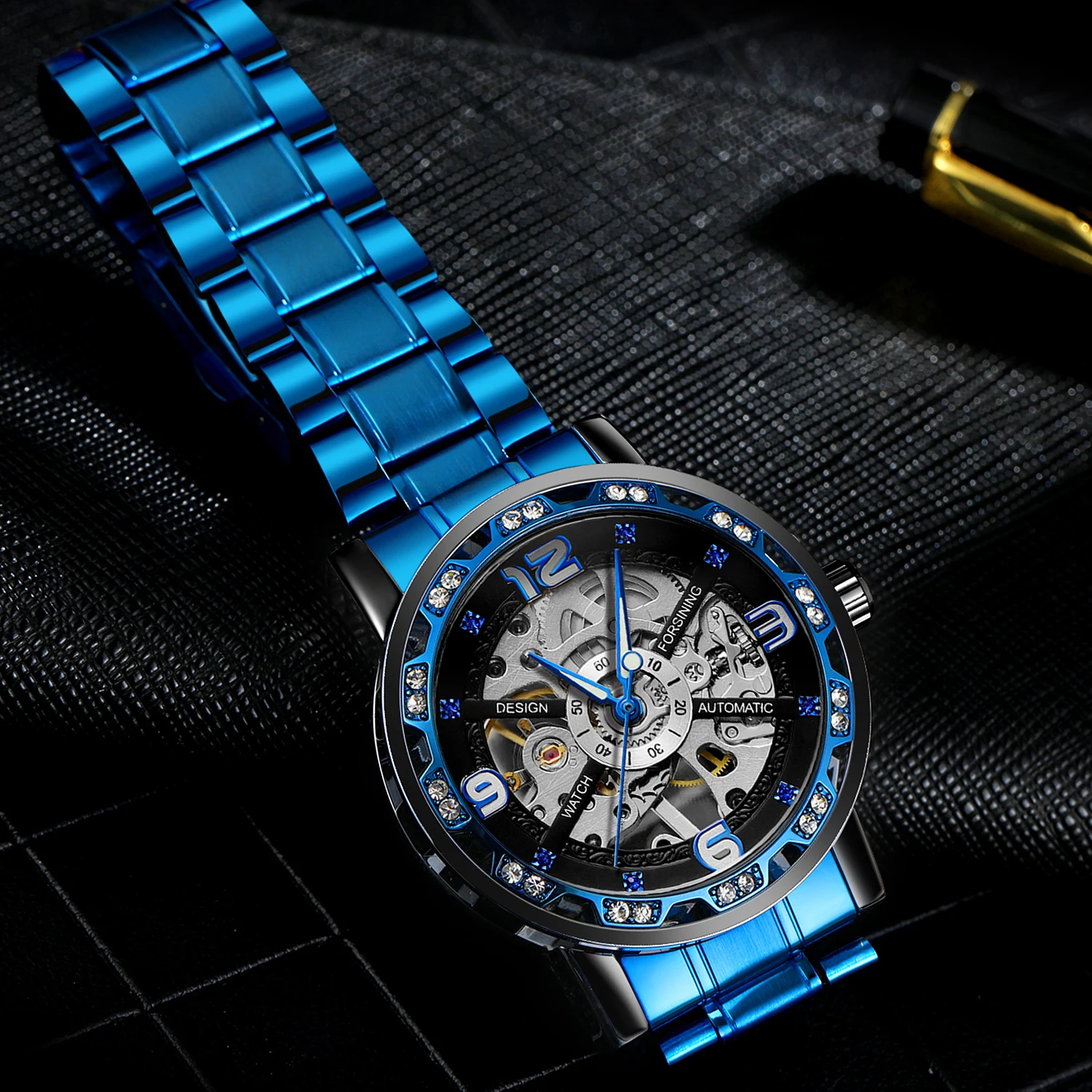 FORSINING Fashion Engraving Luxury Mens Watches Skeleton Mechanical Rhinestone Luminous Pointers Steel Business Man Wristwatches