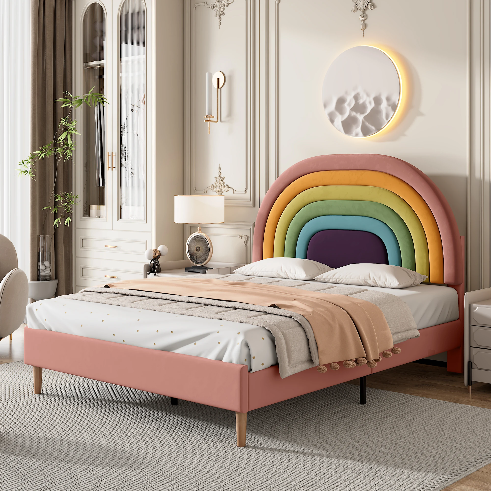 Lit adulte 140 × 200 cm, Lit double - Tête de lit rembourrée réglable - sans matelas - en velours rose