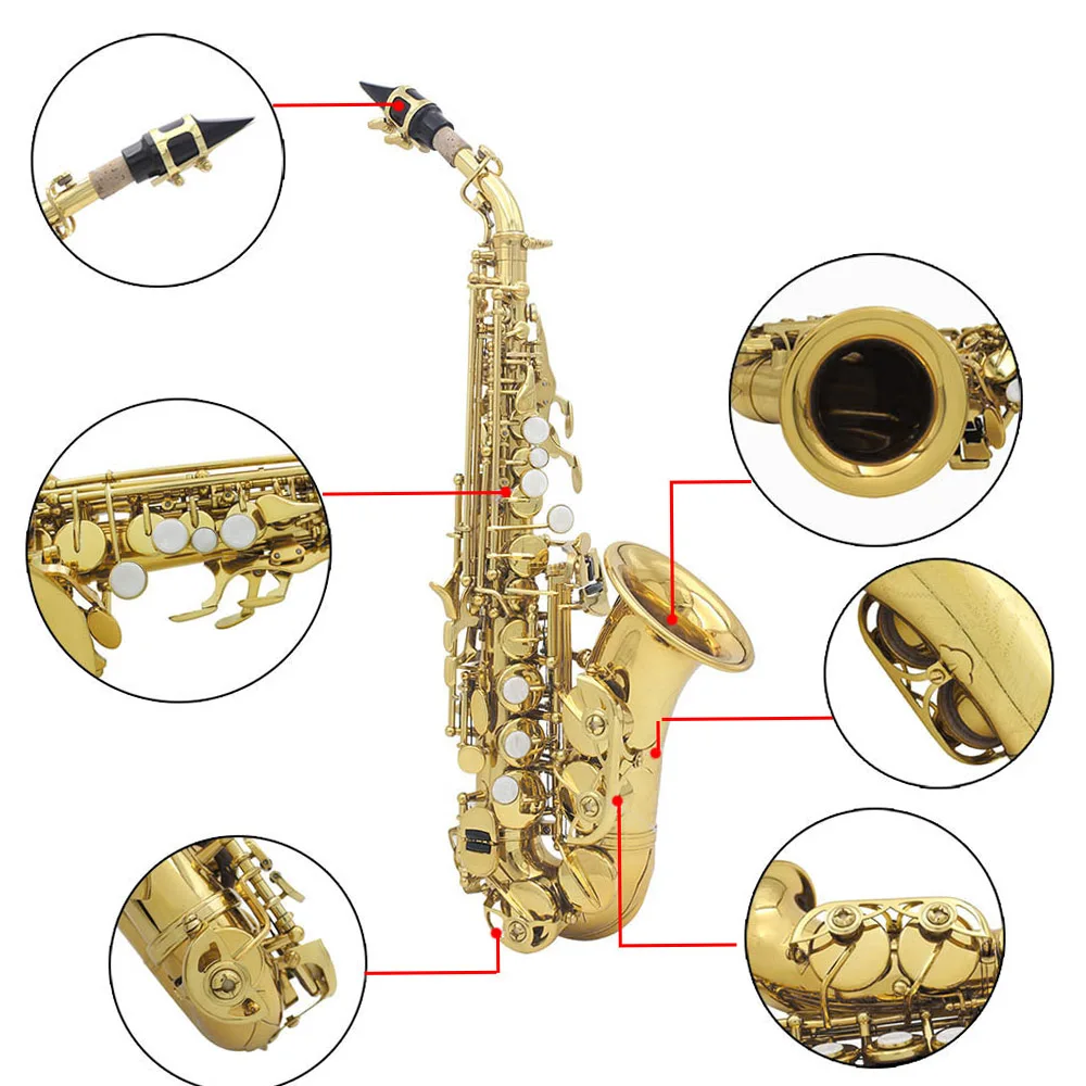 Brass Golden Carve Pattern Bb Bend Althorn Soprano Saxophone Sax Pearl White Shell Buttons Wind Instrument with Case Gloves