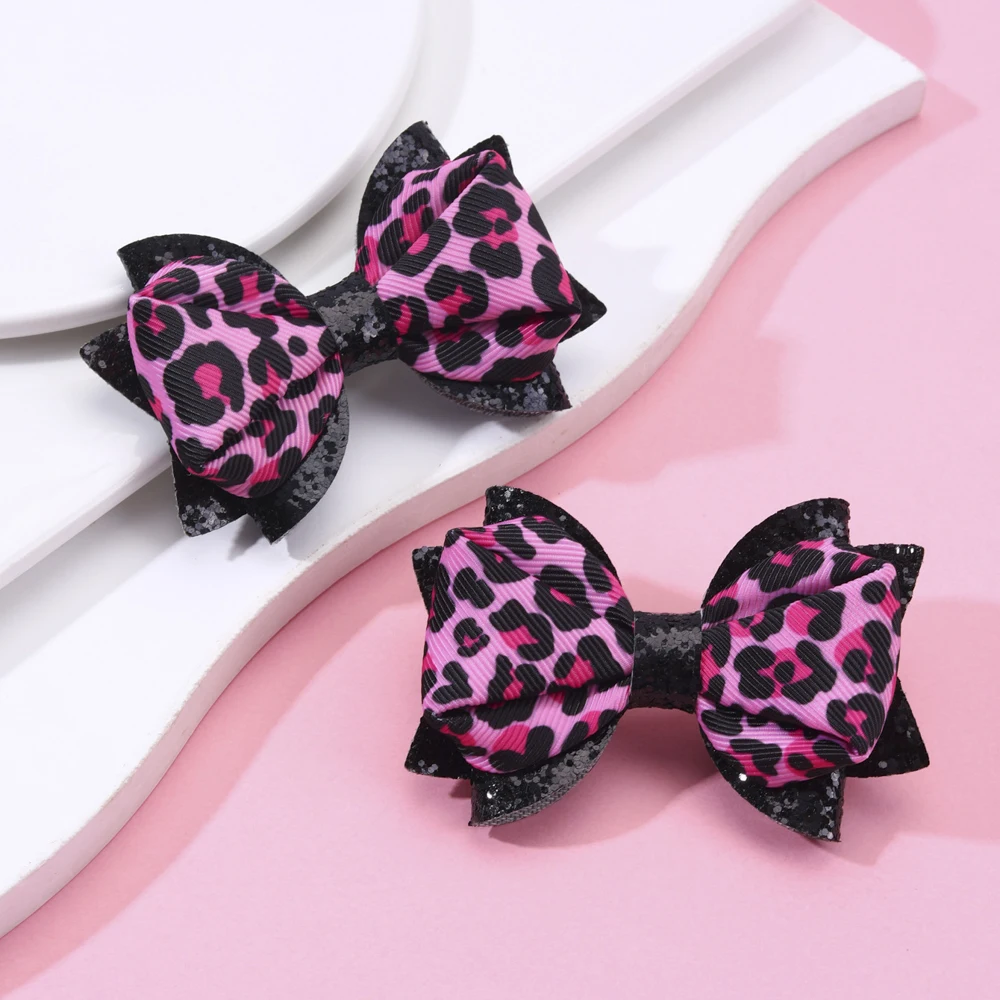 Pinzas para el pelo con estampado de leopardo para niñas pequeñas, 2 piezas, pinzas para el pelo con purpurina, accesorios para el cabello para niñas pequeñas