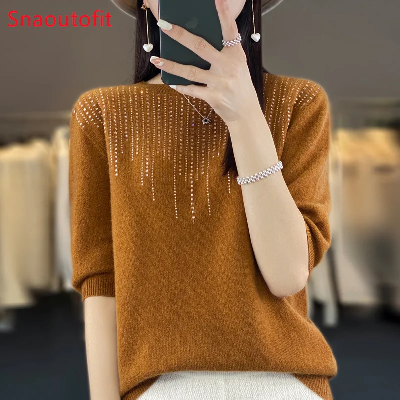 Spring and Summer O/V-neck Diamond Insert Merino Wool Knit Sweater Women\'s Chic Loose Jumper High Stretch Cashmere Pullover Tops