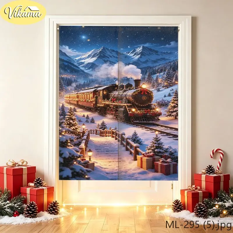 VIKAMA Christmas Door Curtain Vintage Red Truck Snowy Cabin HD Print, Easy Hang Festive Door Cover, Winter Holiday Decor