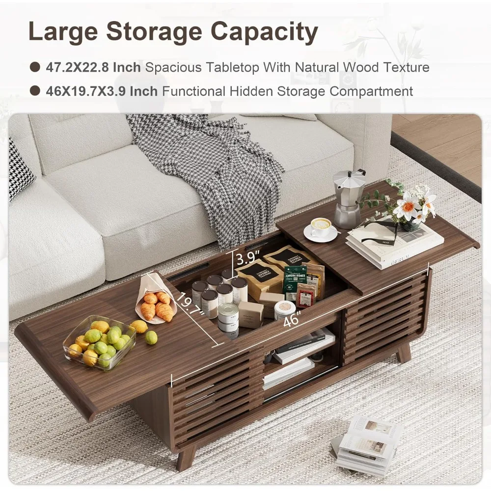 Coffee Table with Storage, Fluted Small Center Table with Sliding Tabletop and Hidden Storage, Cabinets, Adjustable Shelves