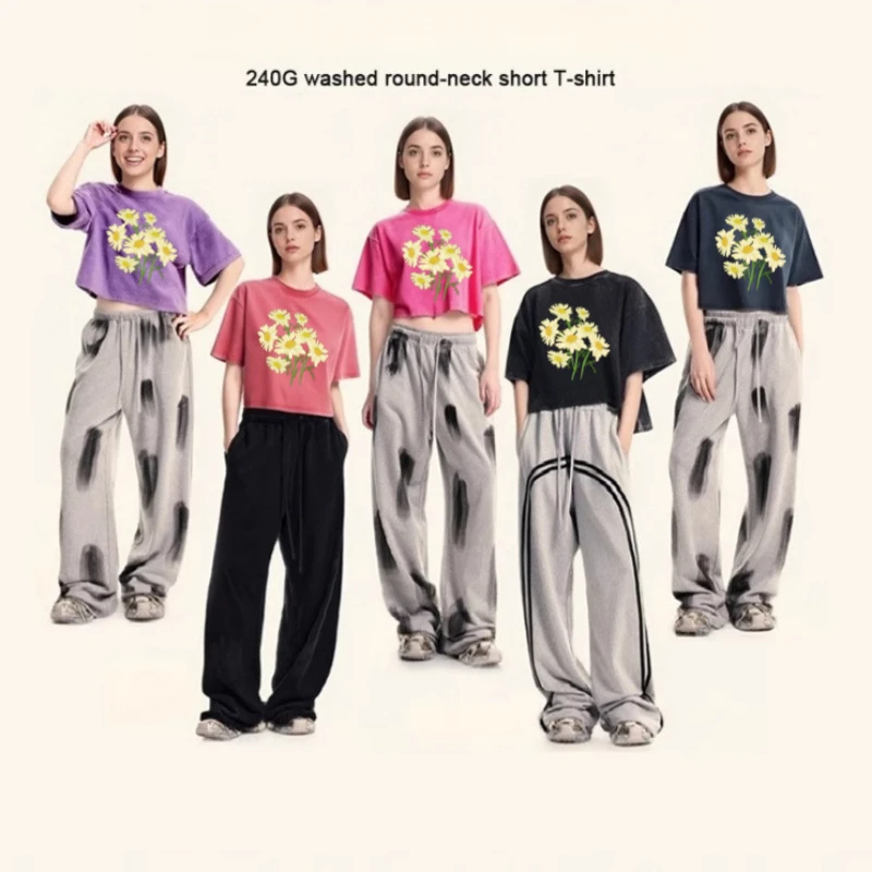 

Свежая летняя хлопковая футболка с круглым вырезом и желтым цветком хризантемы в стиле Харадзюку, свободный женский топ с круглым вырезом и короткими рукавами