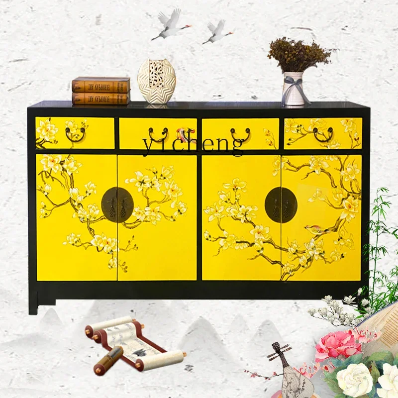 ZK entrance living room partition cabinet Chinese hand-painted retro Chinese style shoe  solid wood furniture storage  cabinet