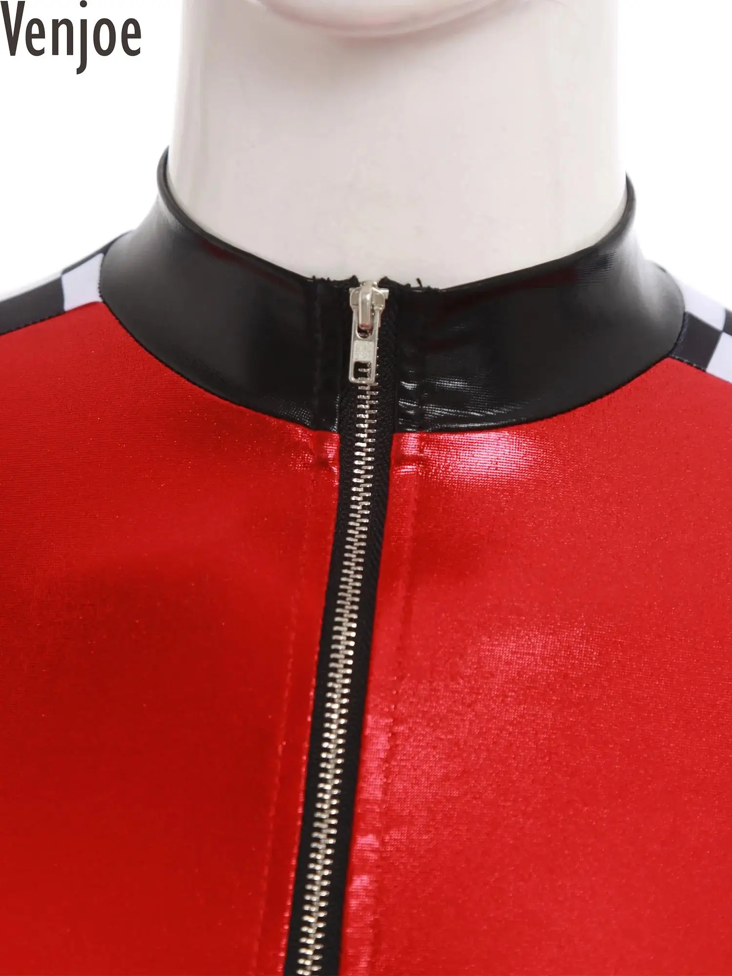 

Женский комбинезон для косплея гонщика с поясом, металлический блестящий боди в шахматном порядке, воротник-стойка, леггинсы на молнии спереди, купальник