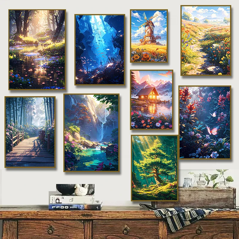 Classic Rustic Vibrant Valley Wildflower Forest Mountains Fairyland Landscape Posters Canvas Painting Nature Wall Art Home Decor