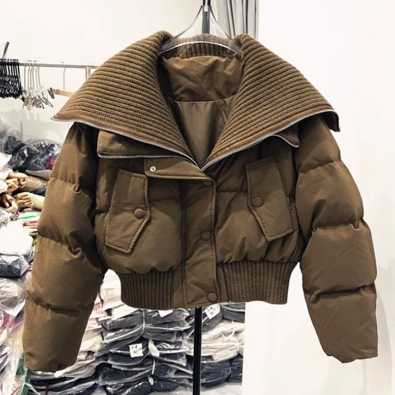 

high waist Big collar cotton-padded jacket coat Women's short style cotton-padded jacket solid color winter keep warm coat
