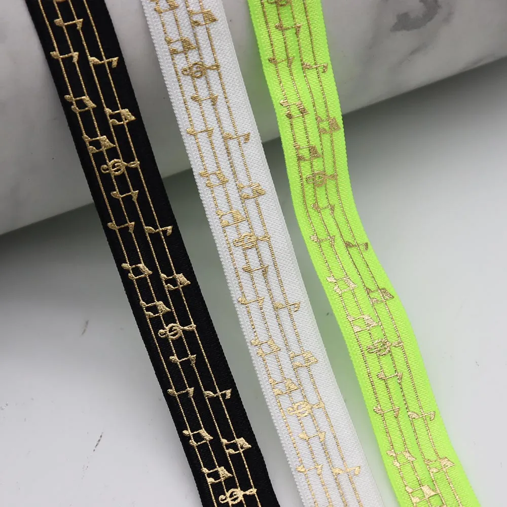 

5/8" 15mm Gold Foil Musical Note Staff Printed Fold Over Elastic FOE Ribbon For DIY Knot Ties Hair Accessories Wristband