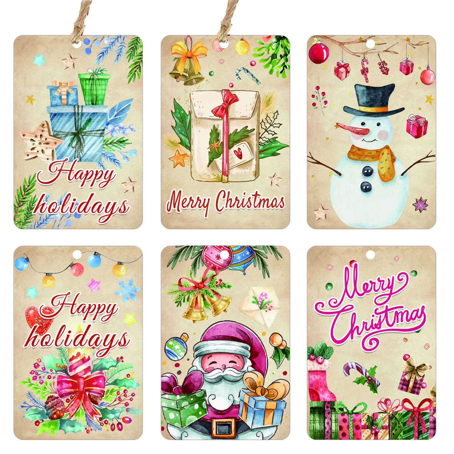 Christmas Paper Gift Tags Holiday Hang Name Tags Label with String 60Pcs Christmas Santa Claus and Tree Card 2 x 3.5 Inch