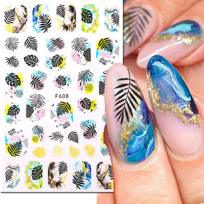 3D tropische Palmblätter Farben Murmeln volle Tipps Nail Art Aufkleber selbst klebende Schieber Nagel Aufkleber Dekoration Maniküre Zubehör