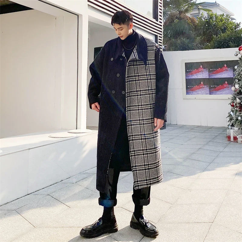 Block Color Plaid Spliced Corduroy Overcoat Men's New Loose Lapel Thick Trench Coat Autumn Winter Tide Woolen Coat