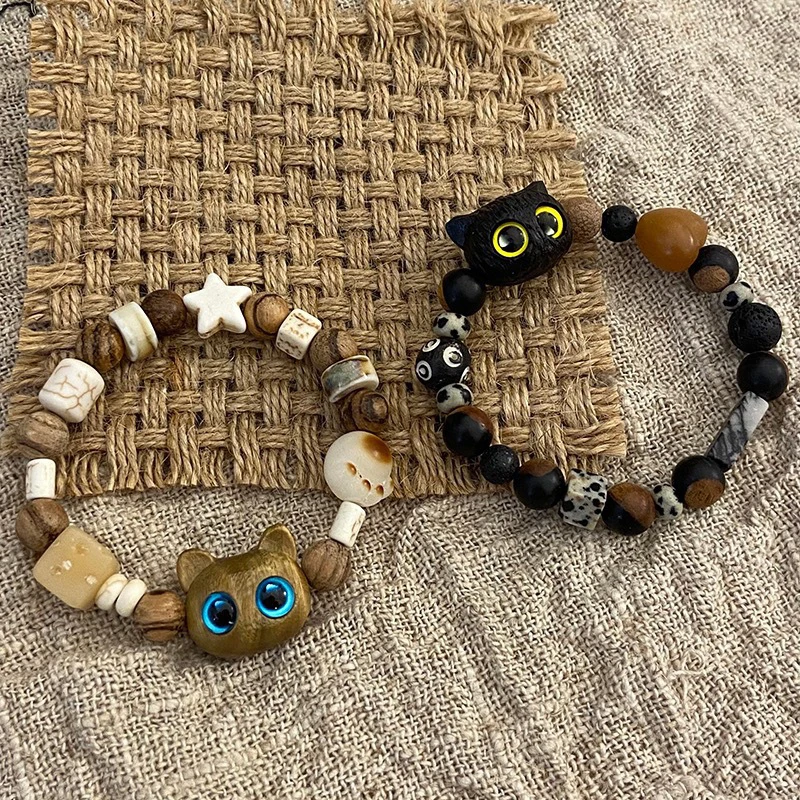 Cute Little Laughing Black Cat Beaded Bracelet; Friendship Jewelry Gift; Timeless Fashion Accessory For Men and Women