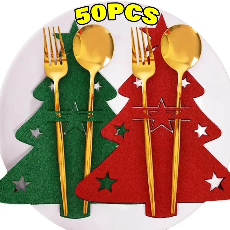 50/2pcs Christmas Cutlery Holders Xmas Tree Shaped Knife Fork Spoon Holder Bags Tableware Pockets Organizer Bag Party Home Decor