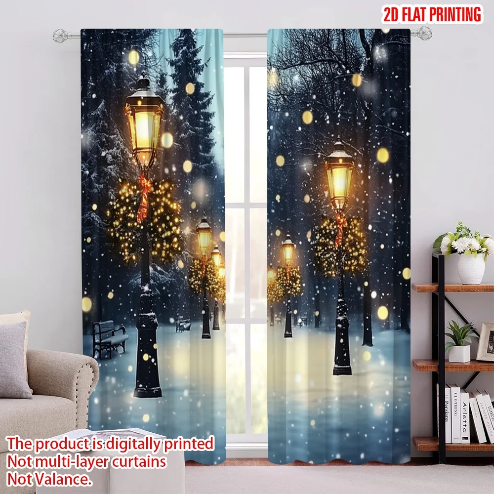 

2pcs 2D flat printing Christmas Window Drapes Cedar trees and street lamps Polyester Without Electricity Holiday Decorations Use