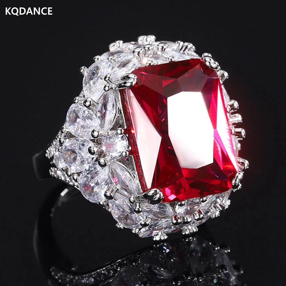 KQDANCE-Anillo de rubí Esmeralda con piedra de circonita roja/verde grande, 12x16mm, joyería de fiesta de boda para mujer, venta al por mayor