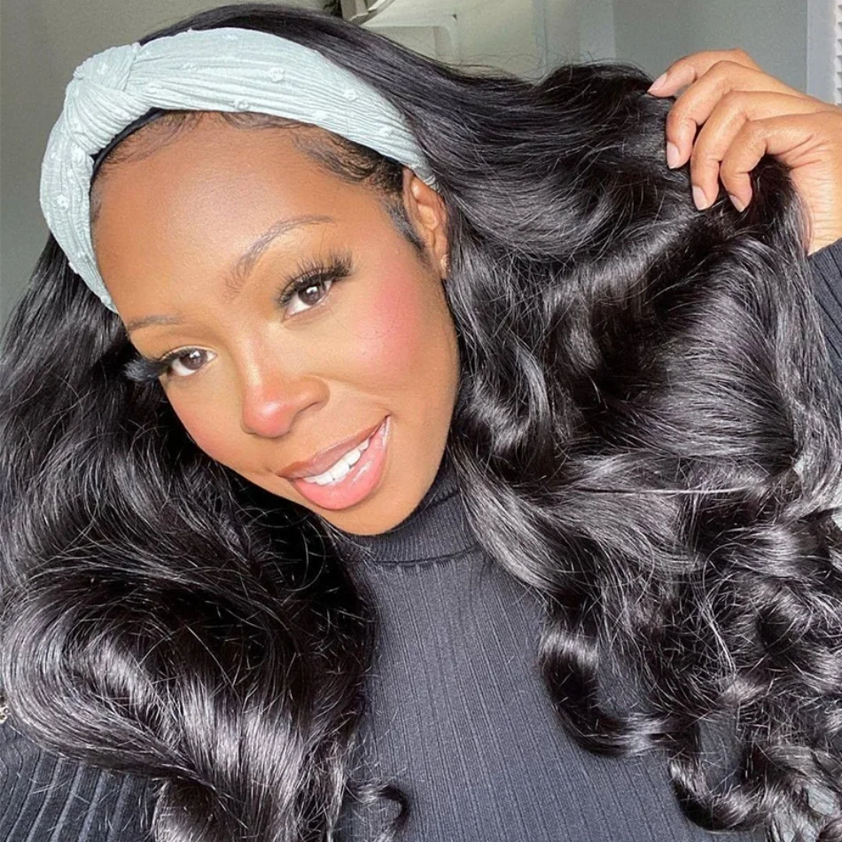 Body Wave Headband Wig Human Hair 200 Density 3 In 1 Half Wig Seamless Flip Over Glueless Drawstring Curly Wig Full Machine Made Wig Natural Color For Women 30 38 Inch ﻿