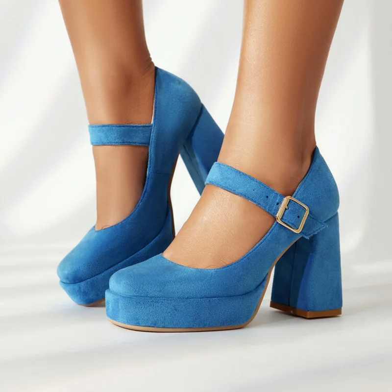 

SIMLOVEYO Women's Mary Janes Pumps Round Toe 9.5cm Thick Heel 2.5cm High Platform Single Buckle Flock Black Blue Big Size 43 Hot