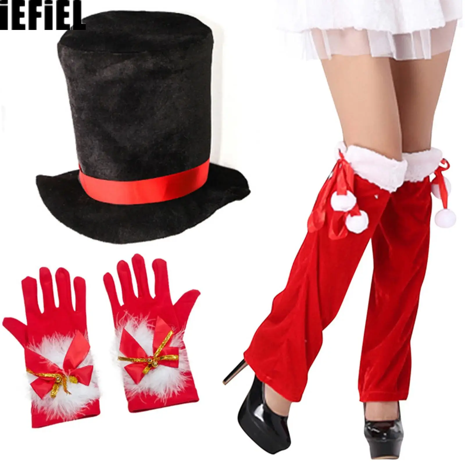 Forniture per feste di Natale da donna Set di accessori da 3 pezzi Include cappello, guanti, coprigambe o calzini per vestire Natale