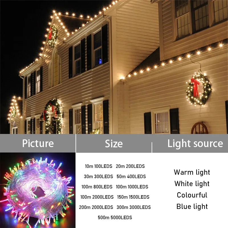 Christmas String Fairy Light 8 Mode LED String Lights Outdoor Waterproof Wedding Holiday Party Patio Lamp