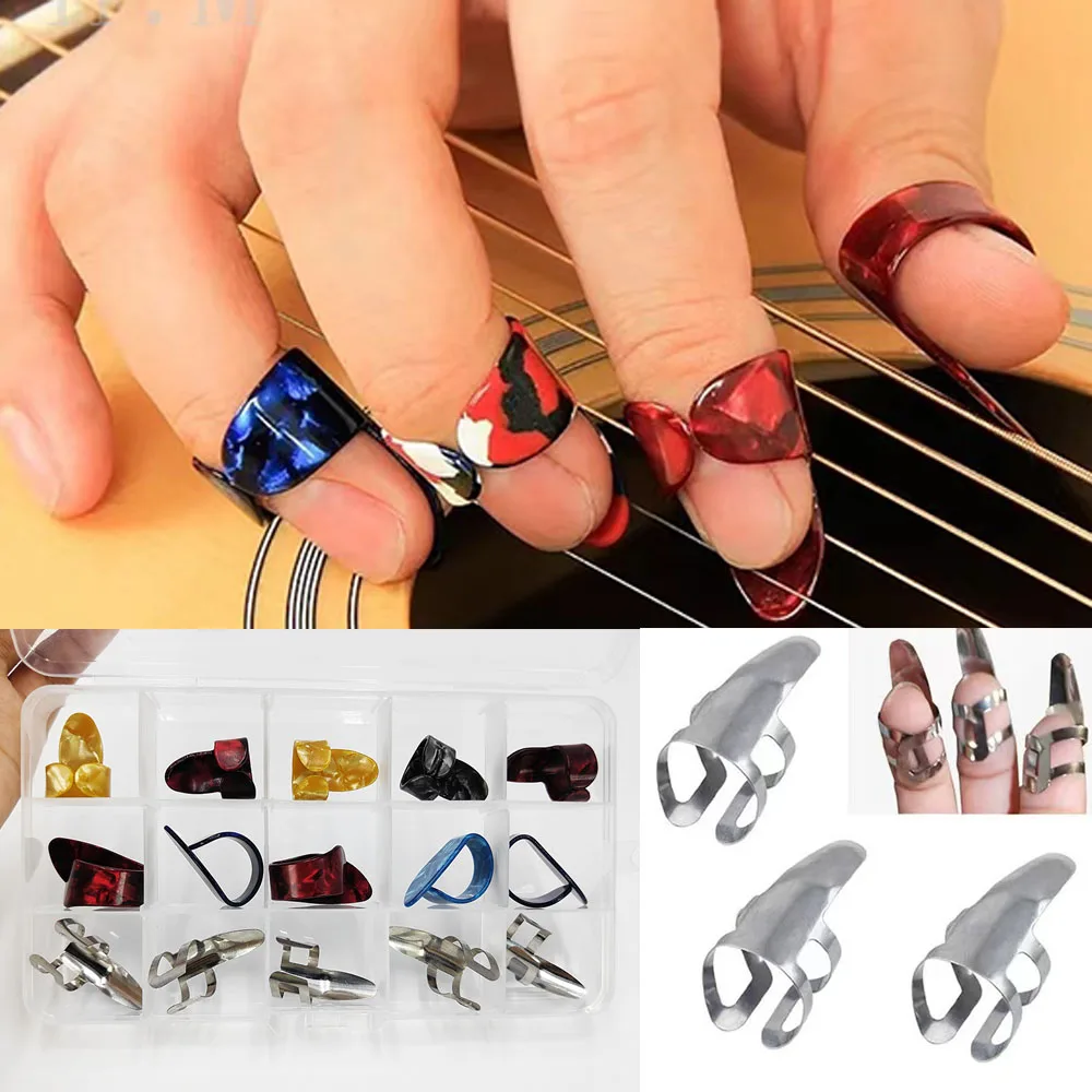 15PCS/set Celluloid Guitar Finger Picks Thumb Sizes Fingerstyle Protector Anti-Slip Bass /Electric Guitar Finger Picks box set