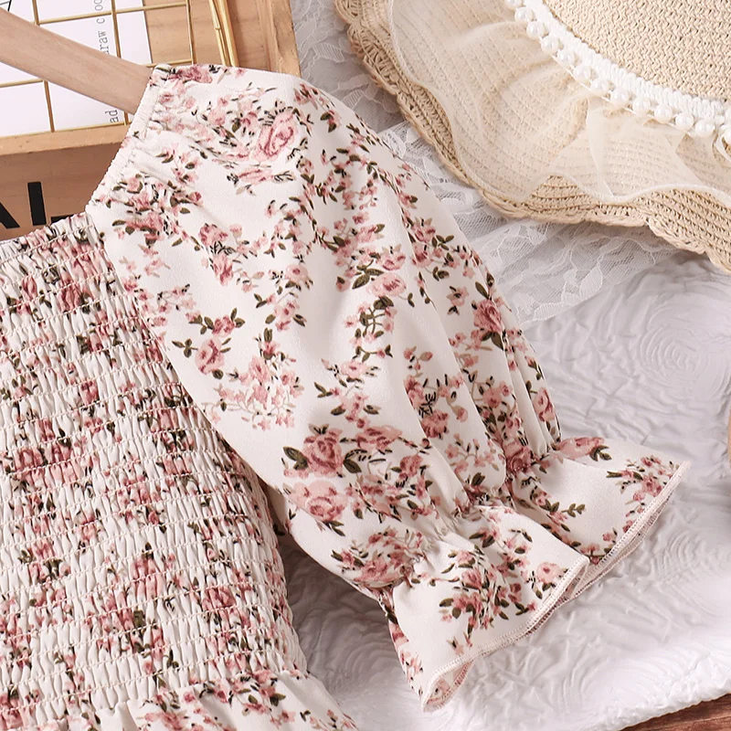 New Summer Kids Teenager Women Square Neck Puff Sleeve Printed Summer A-Line Shirred-Bodice Dress Korean Style Casual Clothing
