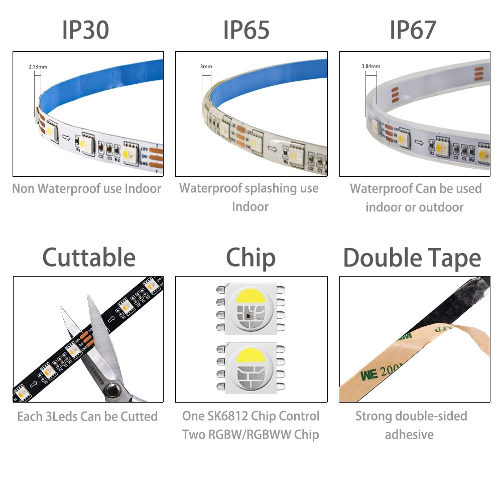 SK6812(WS2812B) RGBW RGBWW 5050SMD 4 IN 1 Led Strip One IC Drive 3Leds Smart Light 60Leds/m Black/White PCB IP30 65 67 DC12V