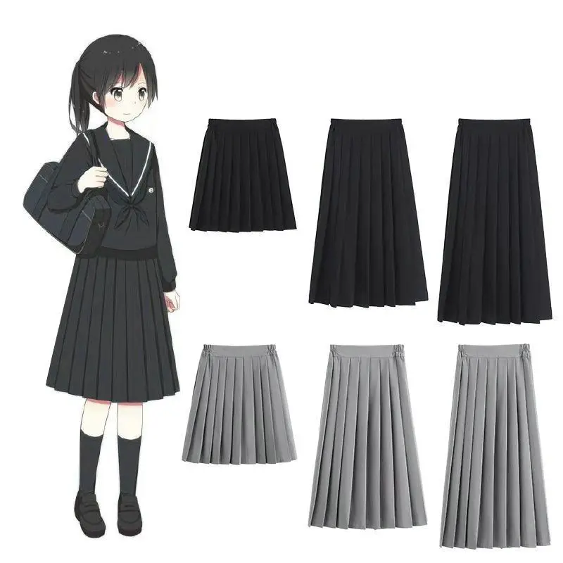 Japanese School Uniforms for Girls Solid Color Pleated Suit Black Grey High School Student Girls Academy Style Bottoms