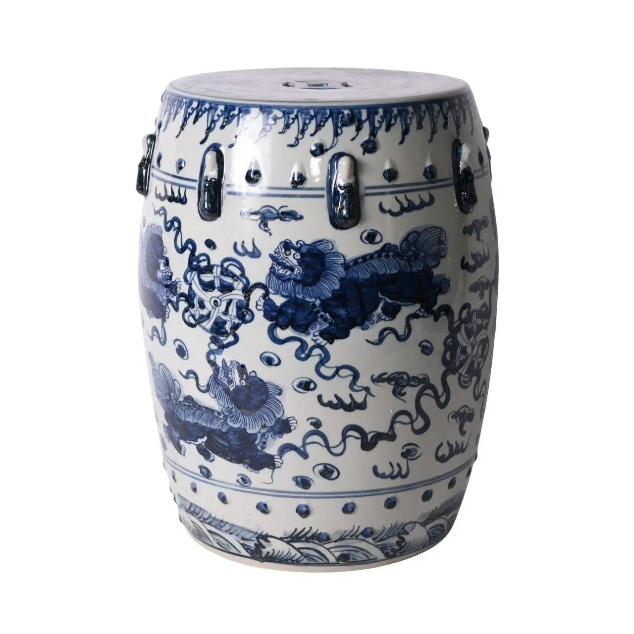 Blue Hand-painted Jingdezhen Ceramic and White Lion Hydrangea Porcelain Stool Drum Stool B&W Garden Stool