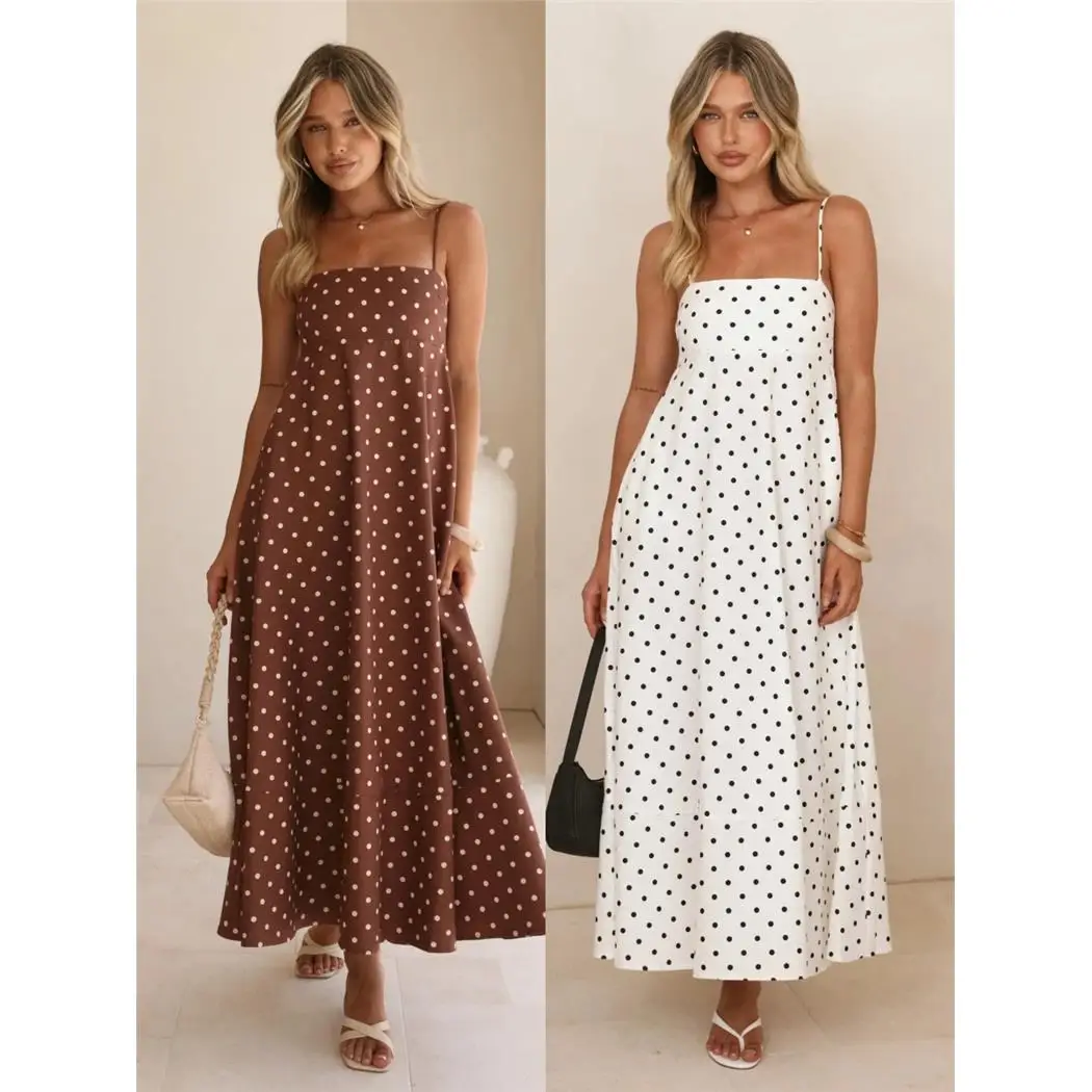 Women's Polka Dot Print Maxi Dress High Waist A-Line Skirt Style Holiday Vibes Loose Fit Clean Fit No Brand Registered Trademark