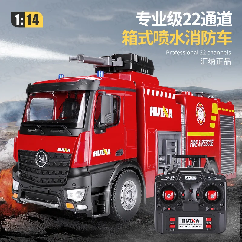 HuiNa 1/14 RC Truck 2.4G Remote Control 22 Channels Fire Truck Model Water Spray Sound Led Light Big Siz RC Car Toy Gift for Boy