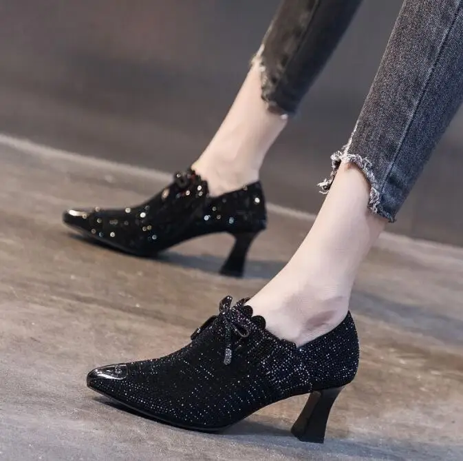

New Women Pumps chunky mid heel rhinestone fashion shoes High Heels Soft PU Leather Work Shoes For Office Lady Pointed Toe Shoes