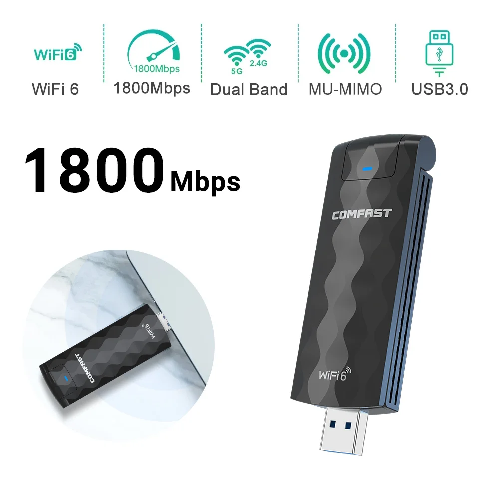 

Comfast WiFi 6 Adapter 2.4G & 5G AX1800 High Speed RTL8832BU USB3.0 Wifi 6 Antena Para PC CLE Dongle Network Card For Win10/11