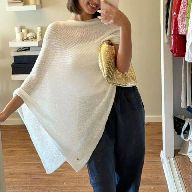Women's Knitwear Bikini Cover-up See-through Solid Off Shoulder Irregular Triangle Hem Loose Fit Pullover Summer Flowy Beach Top