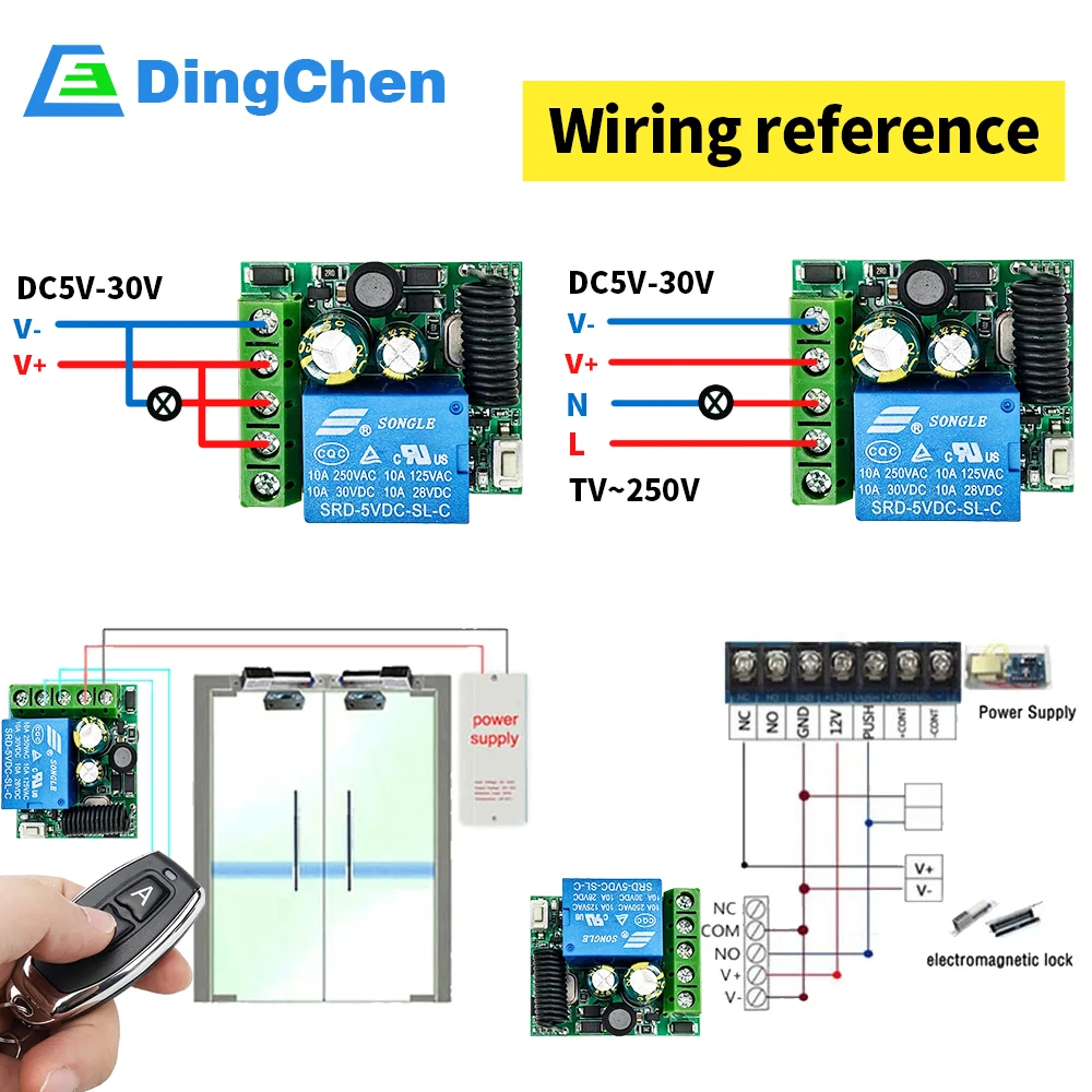 Commutateur sans fil à télécommande RF pour serrure électromagnétique de porte, récepteur de citations RF, émetteur 2CH, 433MHz, DC 5V, 12V, 24V, 1CH