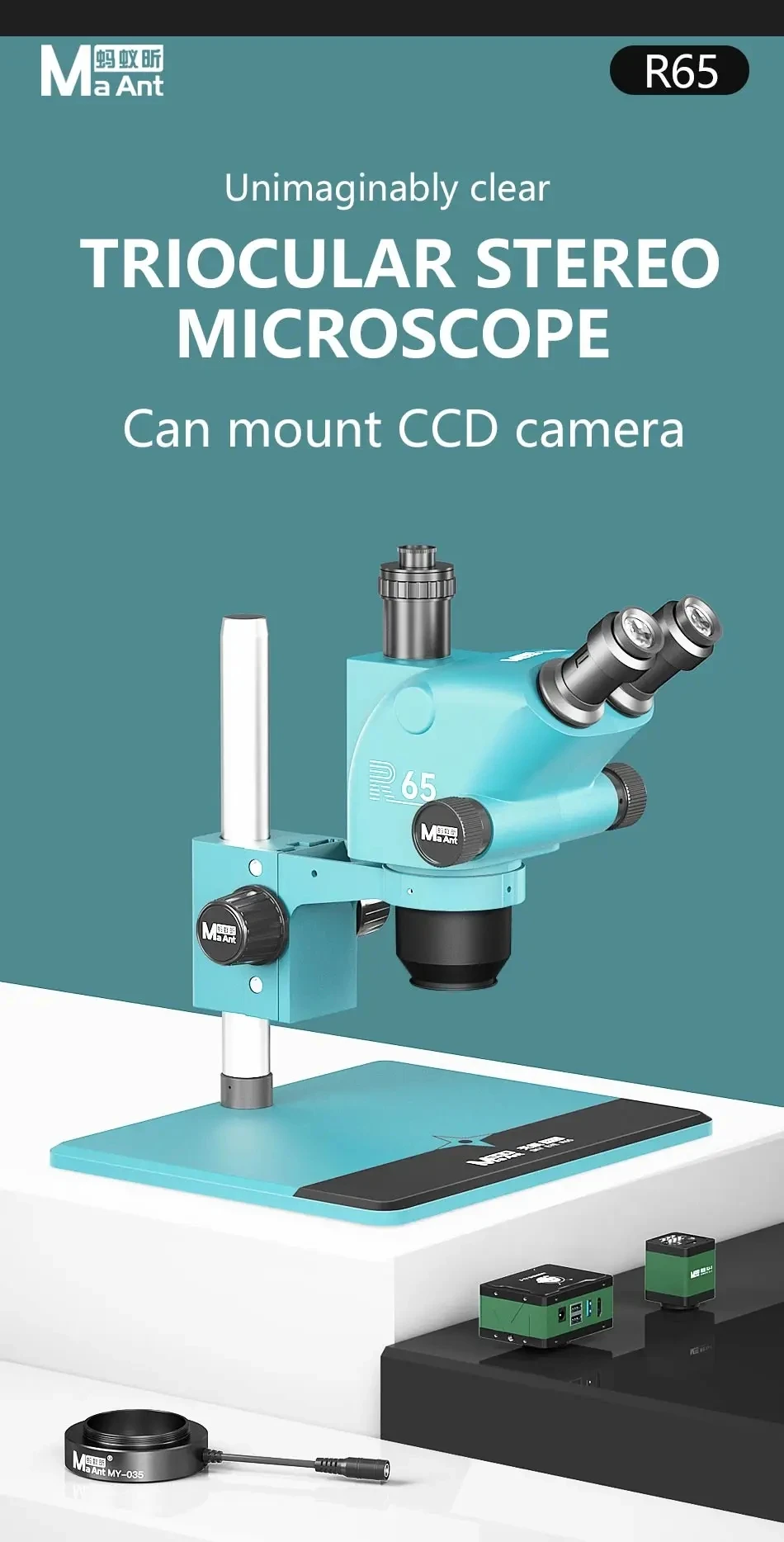 MAANT R65 Blue The Eye of Heaven R65 Stereo Microscope,6.5-65X Zoom,WF10X/23 High Eyepoint Eyepiece,26 LED Light,for PCB Repair