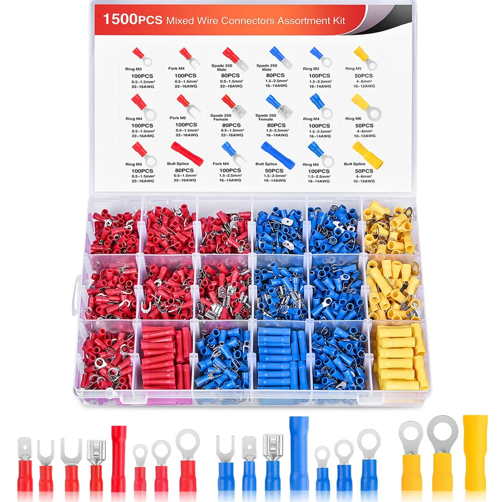 1500pcs Quick Disconnect Crimp Connector Butt Splice Ring Fork Spade Bullet Assortment Kit 22-10 AWG Insulated Wire Terminal