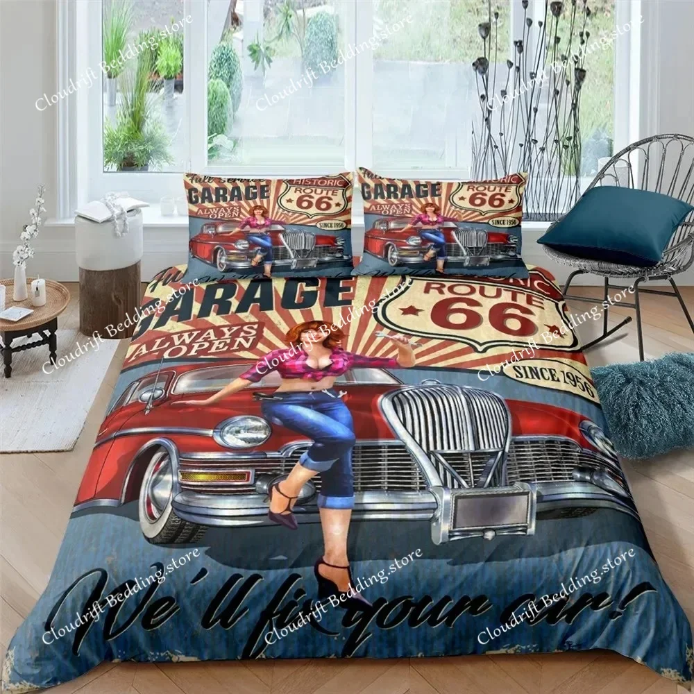 

Fashion 3d Bedding Set U.S. Route 66 Quilt Cover Motorcycle Duvet Cover Set For Kids Teens Luxury Home Textile