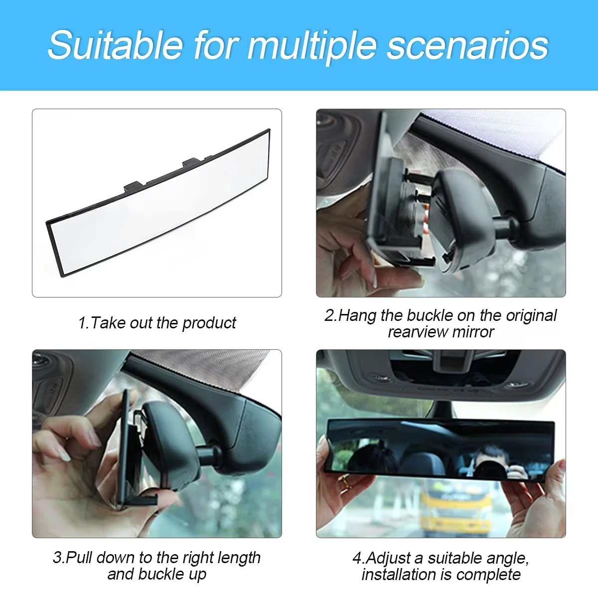 Panoramic HD Car Rearview Mirror Wide Field of View Anti Glare Shatter Resistant Clip On Rear View Mirror for Most Vehicles
